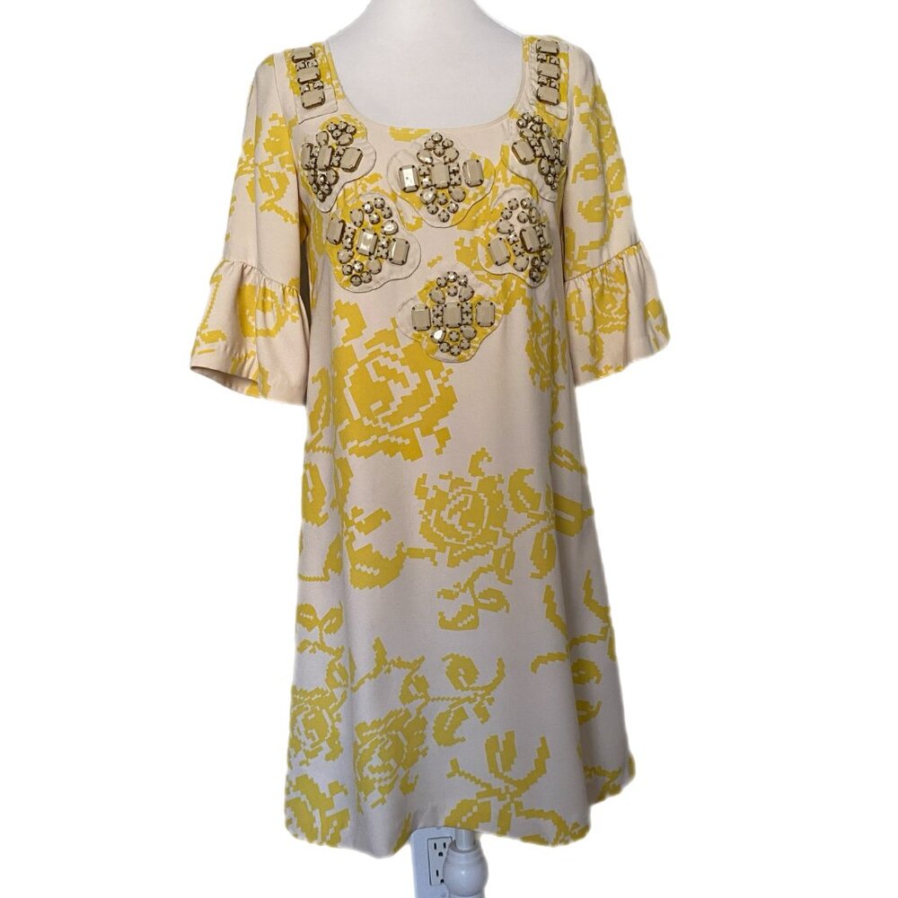 Karta Vintage Yellow Floral Beige Stone 3/4 Bell Sleeve Mid Length Lined Dress M